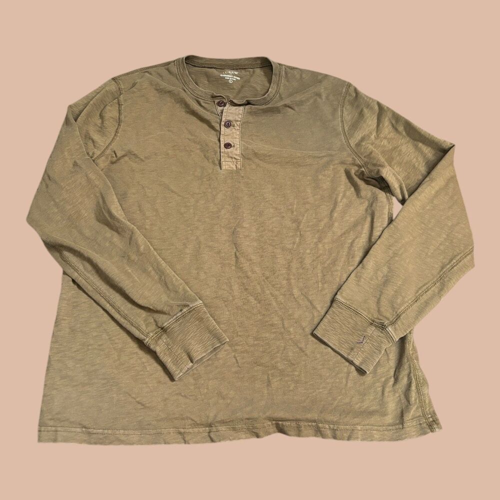 J Crew Mens T Shirt Size Large Green Garment Dyed Long Sleeve Henley Slub Cotton